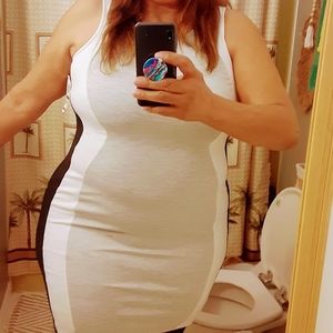 Bar III body con dress sz L grey, black white very curvy dress